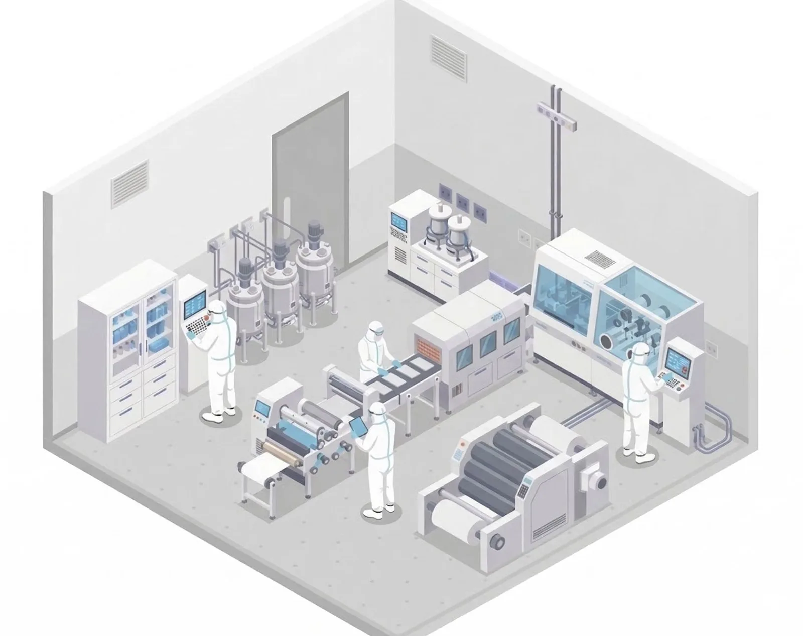 Isometric cleanroom with production equipment and operators, monitored by TERA Sensor particle-counting solutions from the periphery to the critical process